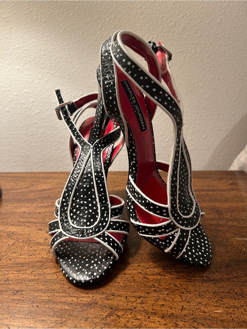 Stunning Charles Jourdan Black & White Polka Dot Strappy Heels with Red Insole